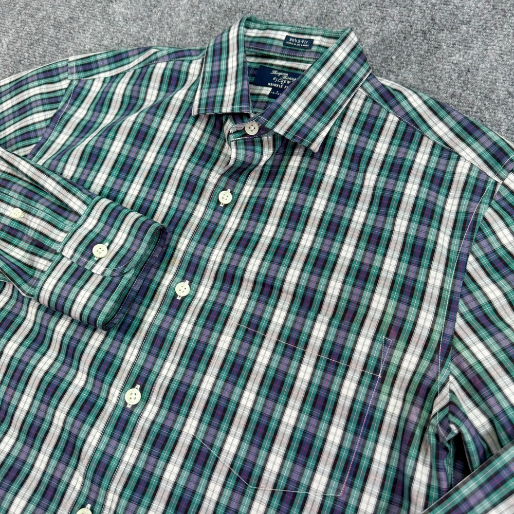 J Crew Shirt Mens Small 14-14.5 Green Plaid Thompson 80s 2 Ply‎ Button Up